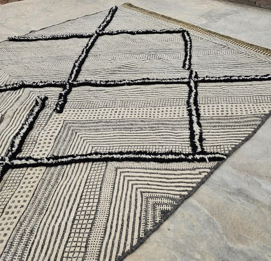 Handwoven Moroccan Zanafi Rug: Black, Cream & Beige Wool, Tribal Design 4 x 6 ft